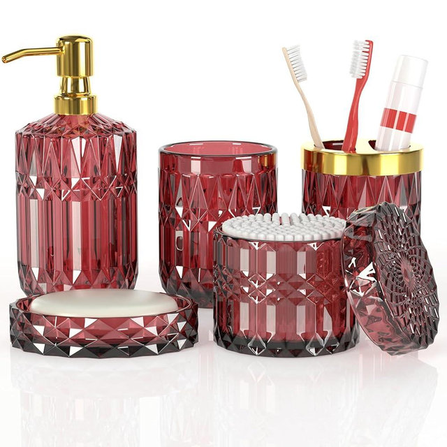 5Pcs Bathroom Accessories Set, Glass Soap Dispenser Set with Rust Proof Stainless Steel Pump, Soap Holder, Toothbrush Holder, Tumbler, Cotton Swab Jars, Red Bathroom Set Bathroom Decor Sets Gift
