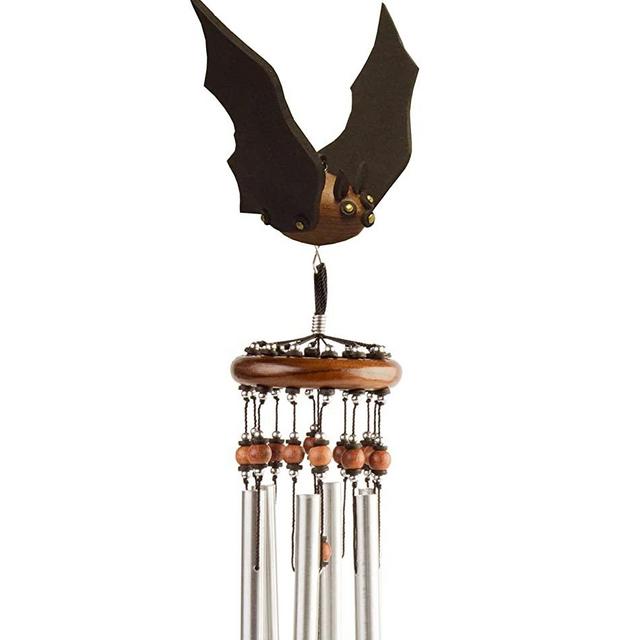 Lucky Talisman Wind Chimes BAT Feng Shui Teak Wood Carving Handmade Aluminum Metal Tubes Size Medium 3 x 21.6 Gift and Souvenir of Thailand for Your Terrace, Patio, Garden, and Outdoor Home Decor.