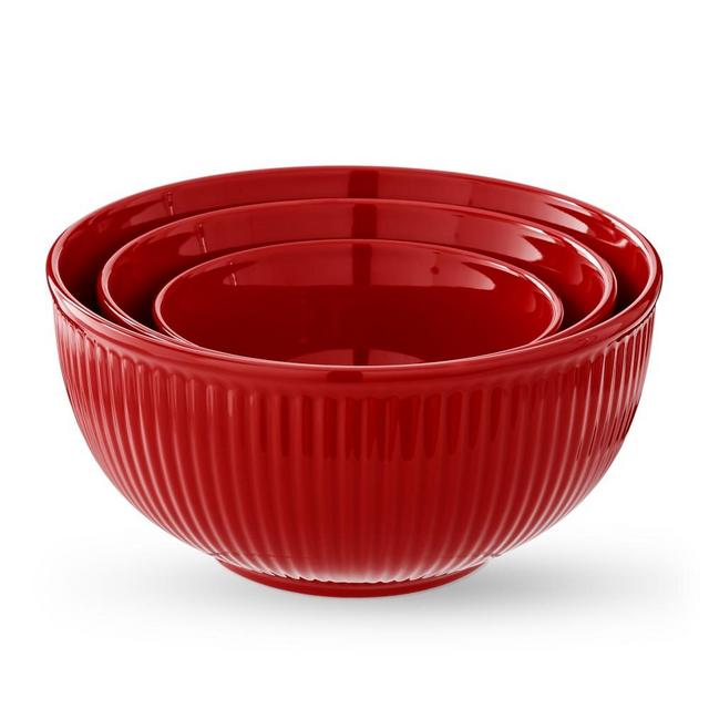 Red Ribbed Ceramic Mixing Bowls, Set of 3