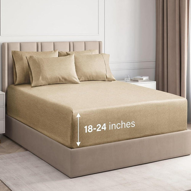 Extra Deep Queen 6 Piece Bedding Sheet Set - Breathable & Cooling - Hotel Luxury Bed Sheets Set - Easy Fit - Soft, Wrinkle Free & Comfy Heathered Tan Bedding Sheets - Extra Deep Pockets Bed Sheet Set