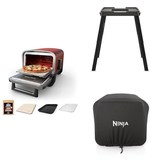 Ninja OO101 Woodfire 8-in-1 Outdoor Oven, Pizza Oven,Ninja Woodfire Technology + Ninja XSKUNSTAND Outdoor Stand, Adjustable Height, 26" x 34" x 34 + Ninja XSKOCVR Premium Cover, Black
