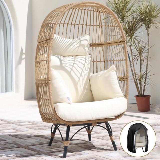 NICESOUL® Patio Stationary Egg Chair with Thicken Cushions, Indoor Outdoor Larger Wicker Egg Basket Chair 440 lbs, Oversized Boho Lounge Chair for Balcony Backyard Beige Color with Cover