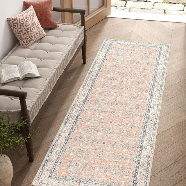 jinchan Runner Rug 2x8 Washable Hallway Rug Vintage Distressed Indoor Thin Runner Traditional Floral Print Mat Lightweight Non Slip Carpet for Kitchen Bathroom Bedroom Living Room Pink