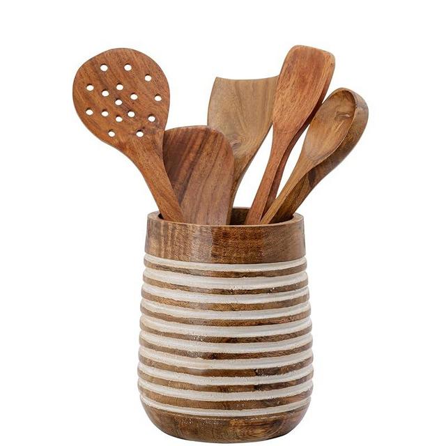 Mie Creations Farmhouse 7'' Large Utensil Holder for Kitchen Counter | Handcrafted Wooden Utensils Crock Cooking Spatula Organizer | Elegant Christmas Utensil Holder Caddy, Countertop Supplies- White