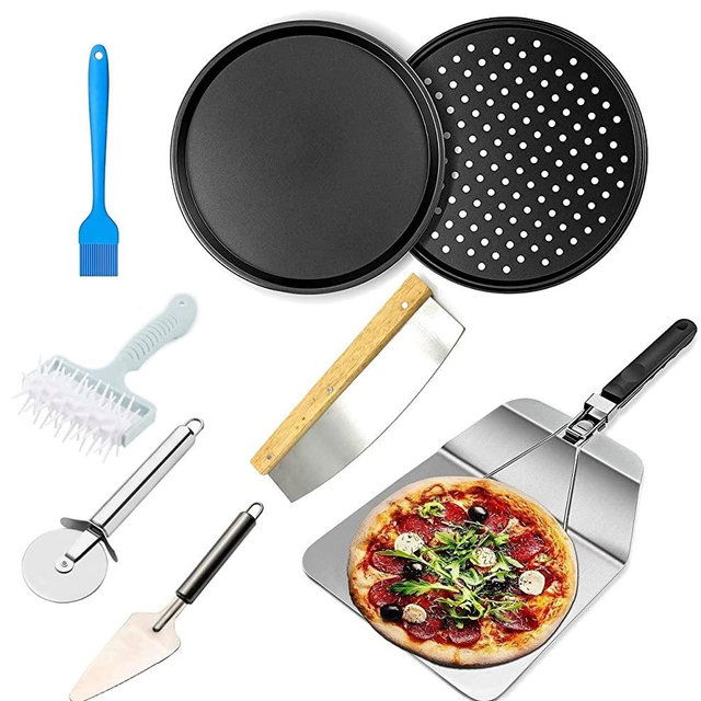 Pizza Making Kit (8 Pc Set) with 12 inch Round Pizza Pan, Pan whit Holes, 14 inch Pizza Cutter, Folding Pizza Peel, Cutter Rocker, Pizza Server, Cutter Wheel, Dough Docker, Oil Brush