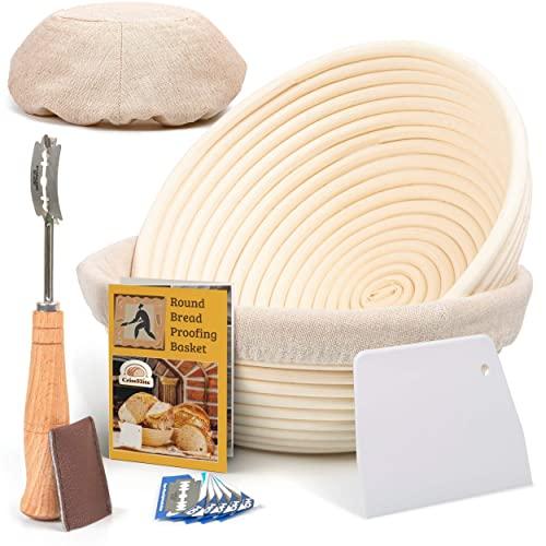 9 Inch Bread Banneton Proofing Basket Round with Liner Cloth - Set of 2 + Premium Bread Lame and Slashing Scraper, the ideal Baking Bowl for Sourdough and Yeast Bread Dough by Criss Elite