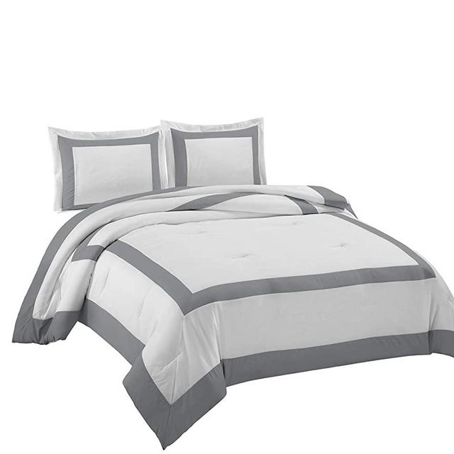Carlton 3-Piece Hotel Style Square Framed Bedding Comforter Set (Queen, White/Gray)