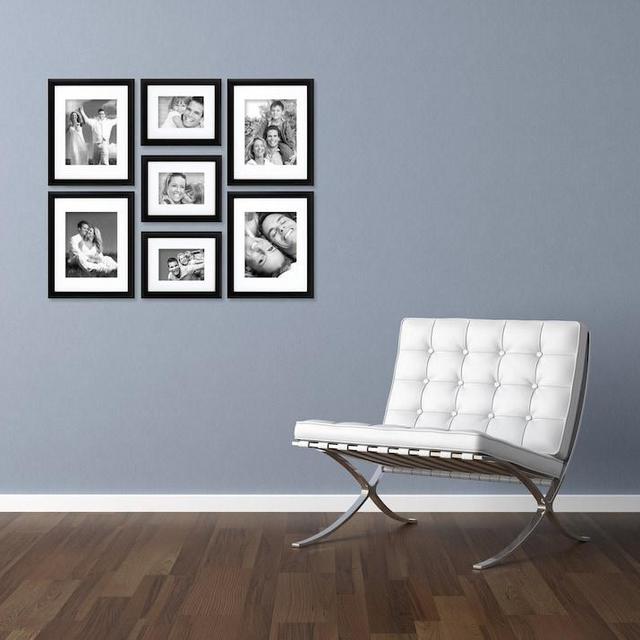 Seven Piece Black Picture Frame Set, White Display Mats