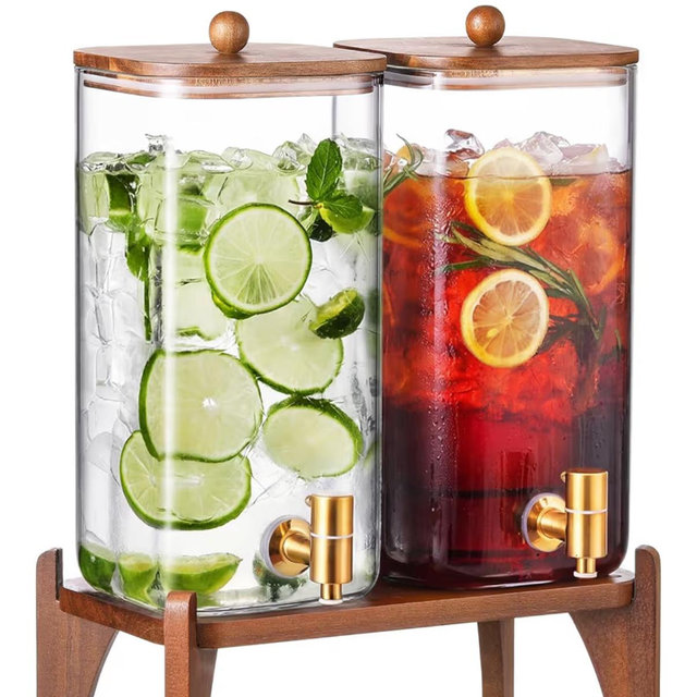 2 Pack 1.5 Gallon Square Glass Drink Dispenser with Wooden Stand & Lid, Large Beverage Dispenser with Stainless Steel Spigot, Juice & Lemonade Dispenser for Parties, Iced Tea, Water, Space-Saving