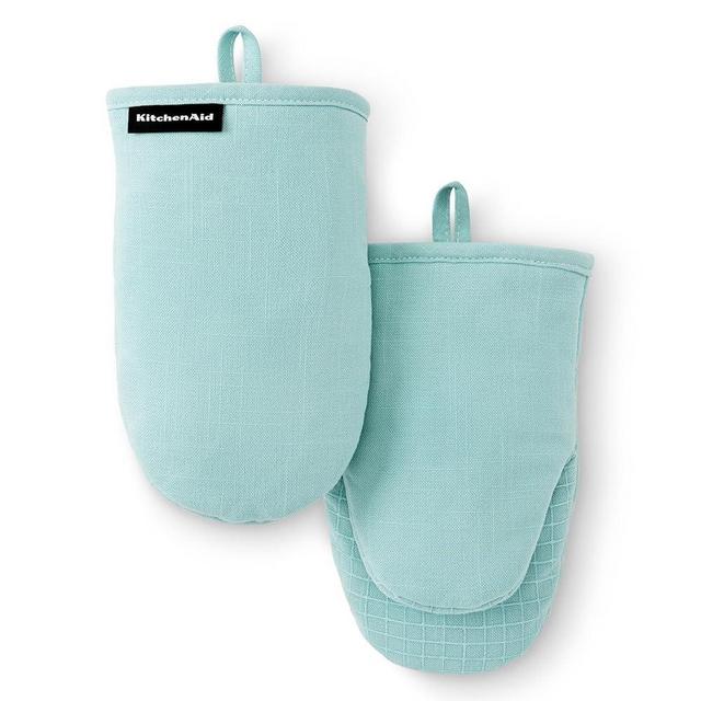 KITCHENAID Gourmet Series Gridlines Mini Oven Mitts 2-Pack Set, Heat Resistant up to 600°F, Soft Silicone Grip, Magnetic Cuff, Mineral Water Aqua, 5.5"x9"