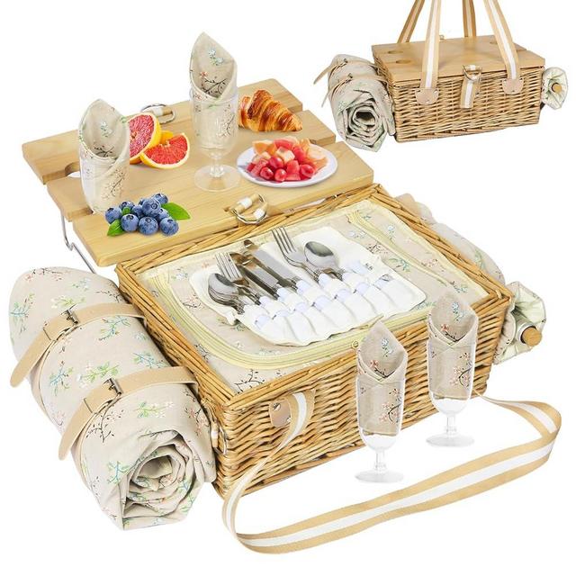 HYBDAMAI Picnic Basket for 4 with Folding Table, Large Wicker Picnic Basket Set with Waterproof Blanket and Wine Pouch, Insulated Willow Hamper with Cutlery Kit for Camping, Couples, Wedding Gift