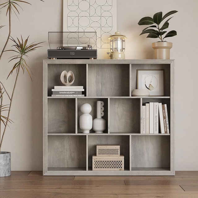 BOXACTION Wooden 10-Cube Storage Organizer, 3-Tier Bookshelf, Wood Grey Bookshelf, Bookcase, Cubical Storage Shelf with 3 Removable Back Panels for Bedroom Home and Office