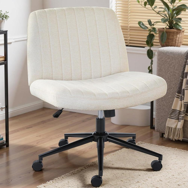 DUMOS Criss Cross Chair with Wheels, Wide Cross Legged Office Desk Vanity Chairs, Fabric Armless Adjustable Swivel Chairs for Home Computer Task, Beige