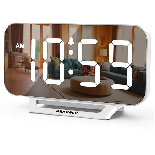 Peakeep Slim Digital Mirror Aesthetic Alarm Clock for Bedrooms Desk Decor, Plug in Electric Big LED Modern Small Clock for Office Living Room, Battery Backup, 6 Dimmers (White)