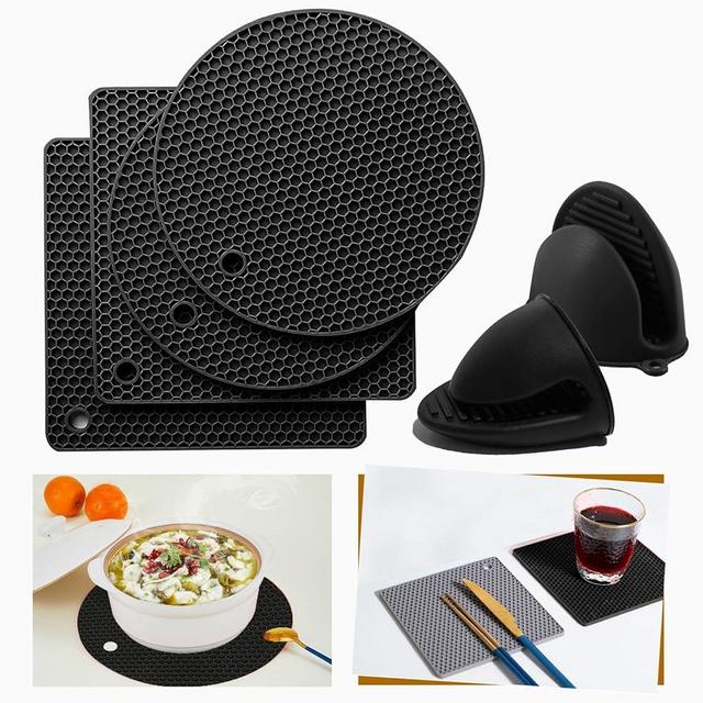 AUZLA Silicone Trivet Pot Mat and Oven Mitts Sets | Heat Resistant Pot Holder and Mini Non-Slip & Flexible Oven Gloves for Kitchen Baking Cooking (2 Square + 2 Round Mats + 1 Pair Oven Mitts, Black)