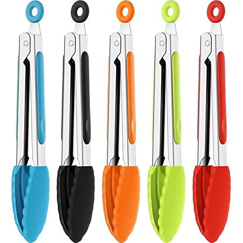 7 Inch Silicone Tongs Mini Kitchen Tongs with Silicone Tips Small Serving Tongs Stainless Steel Cooking Tongs for Salad, Grilling, Frying and Cooking (Black, Red, Blue, Orange, Green, 5 Pieces)