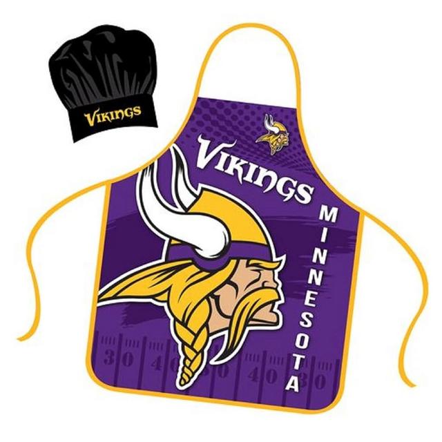 Mojo Licensing Minnesota Vikings Apron Chef Hat Set Full Color Universal Size Tie Back Grilling Tailgate BBQ Cooking Host