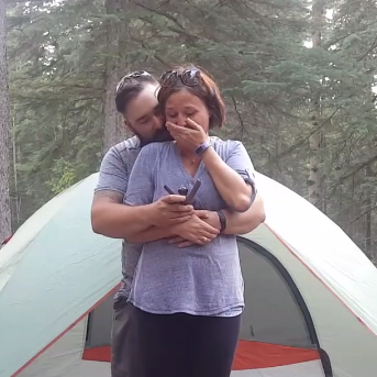 The picture of YES!! Chase carried the ring in his pocket for two days, waiting for the perfect moment. That time came in Pocahontas Campground, Jasper National Park, Alberta, CA. It was perfect.