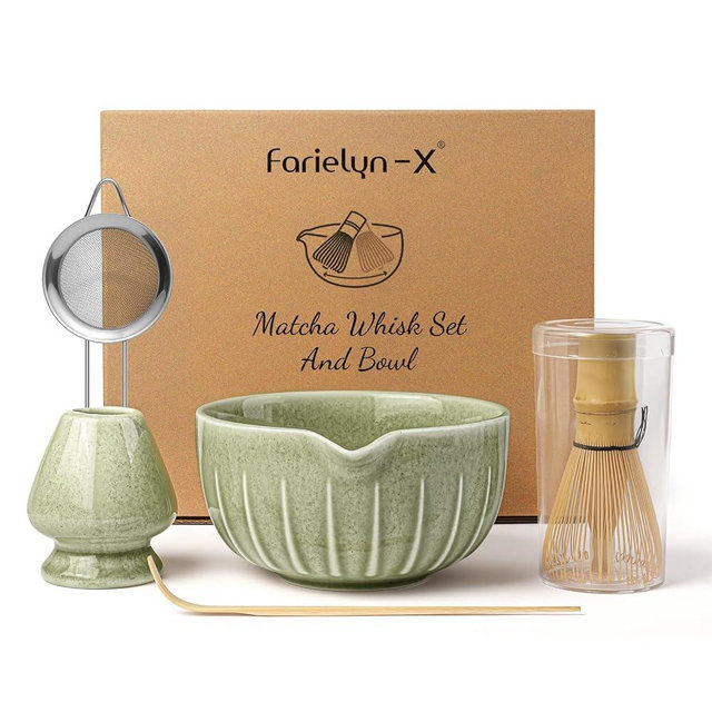 Farielyn-X Matcha Whisk Set, Japanese Tea Set (5pcs) includes Matcha Bowl with Spout (19 oz), Bamboo Whisk, Matcha Scoop, Matcha Whisk Holder (Chasen Holder), Stainless Steel Sifter, Macha Kit