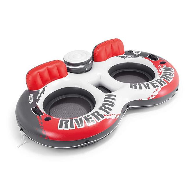 Intex River Run Inflatable 2 Person Pool Tube Float Raft Water Lounger with Attached Cooler and Repair Kit