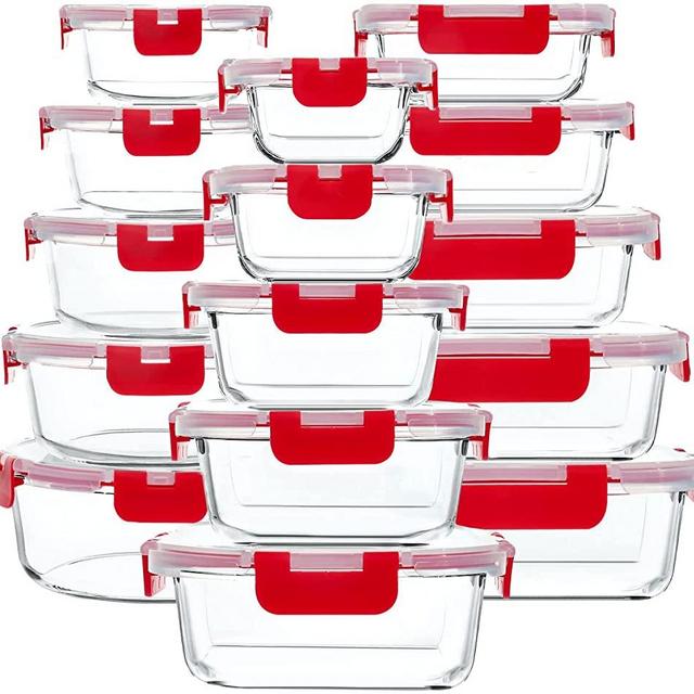 30 Pieces Glass Food Storage Containers with Upgraded Snap Locking Lids,Glass Meal Prep Containers Set - Airtight Lunch Containers, Microwave, Oven, Freezer and Dishwasher Friendly, Red