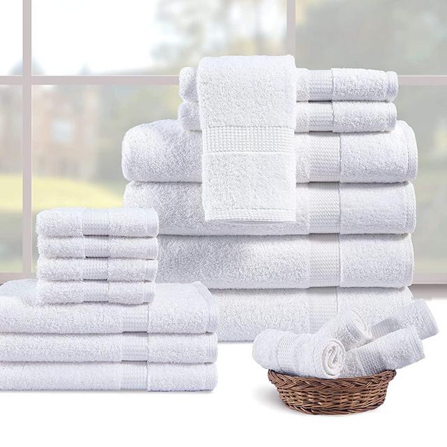 18 Piece Towel Set, 100% Cotton, Highly Absorbent, Ultra Soft Premium Spa & Hotel Quality Towel Set - White (4 Bath Towels, 6 Hand Towels, 8 Wash Towels)