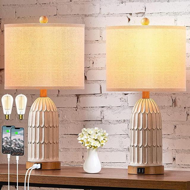 Table Lamps for Bedroom Set of 2, Farmhouse 3-Way Dimmable Touch Lamp for Nightstand with 2 USB Charging Ports, White Vintage Rustic Traditional Bedside Lamp for Living Room End Table (Bulbs Included)