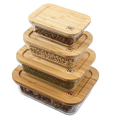 DE Plastic-Free Glass Food Containers, Glass Food Storage Containers with Eco-Friendly Bamboo Lids, Set of 4 Pantry Organization Ideal for Flour, Sugar, Coffee, Candy, Snack, Lunch Box and More