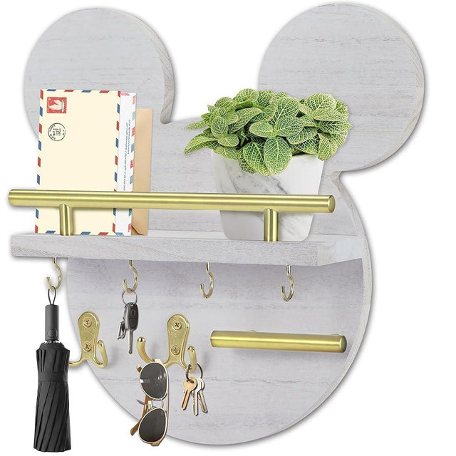 AIRPOP Key Holder for Wall–Mouse Wooden Mail Organizer Wall Mount with Shelf and 6 Hooks, Easy Installation Key Rack Hanger for Entryway Living Room Home Decor(White)