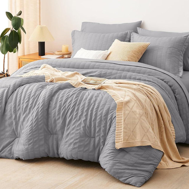 CozyLux Oversized King Comforter Set Grey, Seersucker 7 Pieces 120x98 Bed in a Bag Comforter Set with Sheets, Gray Luxury Soft Bedding Sets with Down Alternative Comforter, Sheets, Pillowcases & Shams