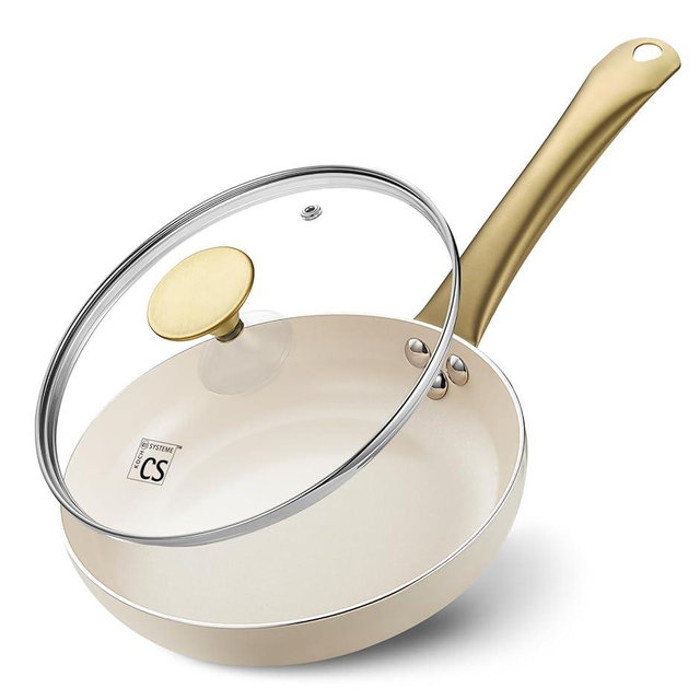 KOCH SYSTEME CS Nonstick Frying Pan with Lid, 8 Inch Non-Stick Skillet with Gold Stay-Cool Stainless Steel Handle, Omelet Pan with Nonstick Ceramic Coating, PFOA Free, Oven Safe, Cream White