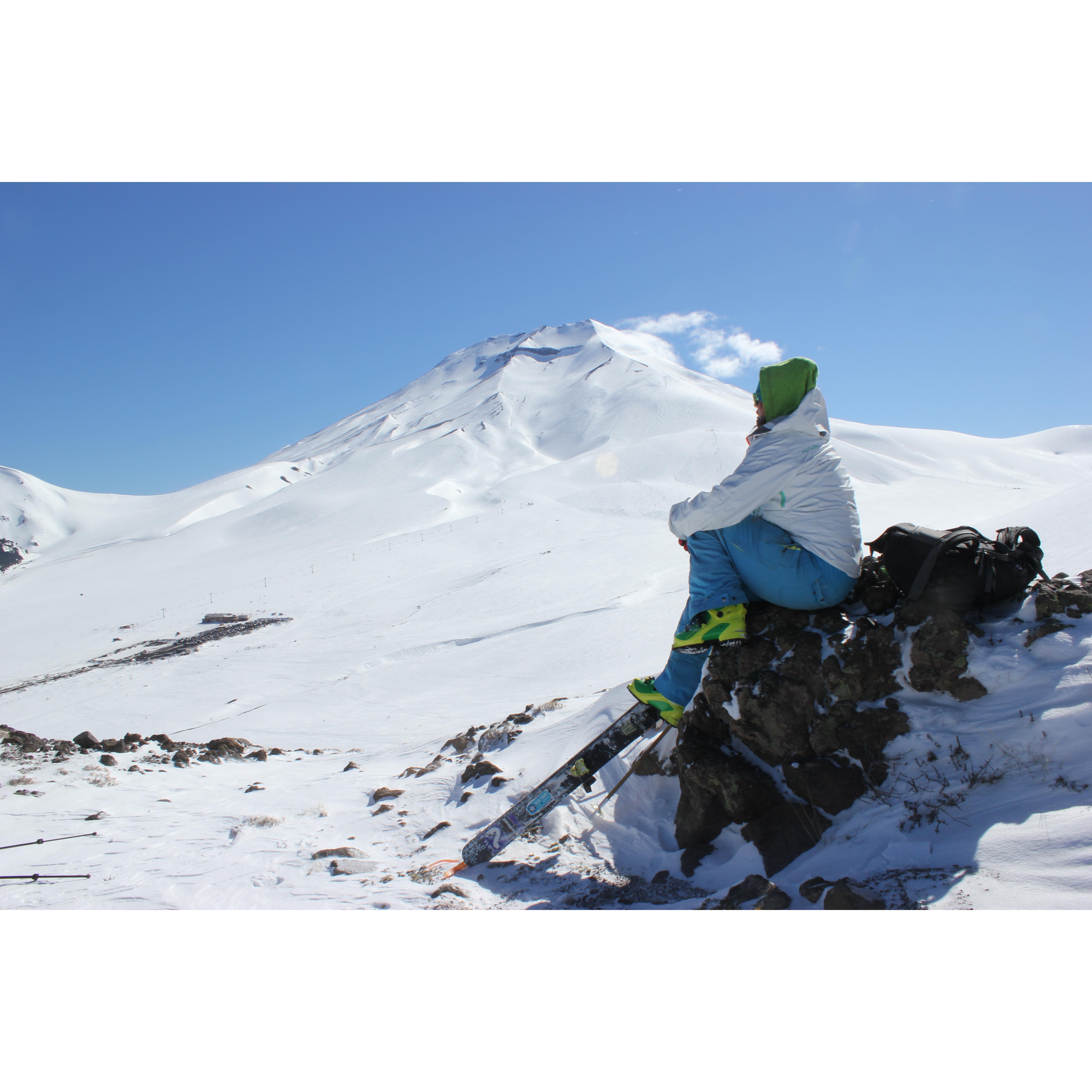 Deep thoughts on active volcanoes! Spencer shot this photo of Claire on her first season back on skis after she tore her ACL.