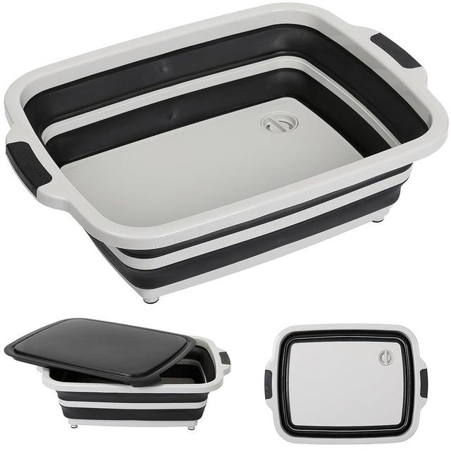 BIRDROCK HOME Large BBQ Collapsible Food Prep & Cutting Board and Grill Caddy Tub with Colander & Lid | 12.4 Quarts | Kitchen Veggie Washing Basket | Silicone Dish Bowl for Picnic, Tailgate - Black