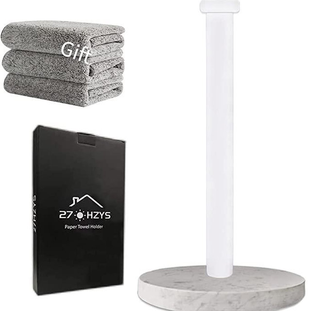 Paper Towel Holder Countertop, Standing Paper Towel Roll Holder for Kitchen Bathroom, with Weighted Marble Base for One-Handed Operation (White), White Paper Towel Holder, Marble Paper Towel Holder.…