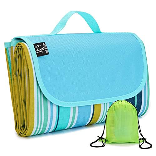 REDCAMP XL Picnic Blanket Waterproof Sandproof, Durable Oxford Folding Extra Large Picnic Mat for Outdoor Travel Beach Lawn Park, Portable with Tote Bag, Blue 79”x77”,Blue Green Yellow