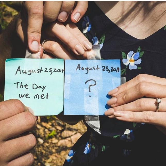 Sam proposed five years from the day we first met! Nearly forty sticky notes and miles of tape later, I said YES!