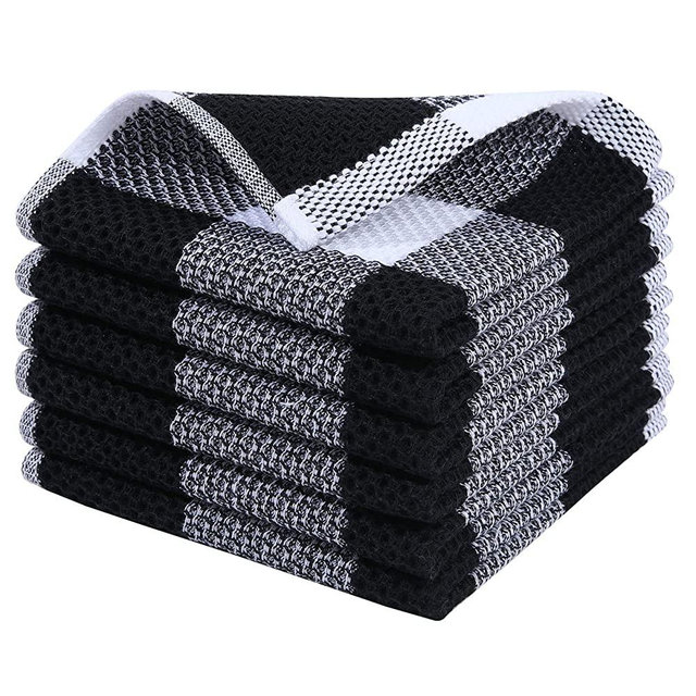 Homaxy 100% Cotton Waffle Weave Check Plaid Dish Cloths, 12 x 12 Inches, Super Soft and Absorbent Dish Towels Quick Drying Dish Rags, 6-Pack, White & Black