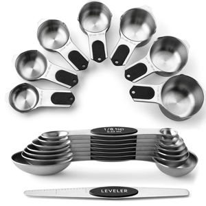 Spring Chef Magnetic Measuring Cups & Spoons Set, Patented, Strong N45 Magnets, Heavy Duty Stainless Steel Fits in Spice Jars for Baking & Cooking, BPA Free, Round Set of 15 with Leveler, Black