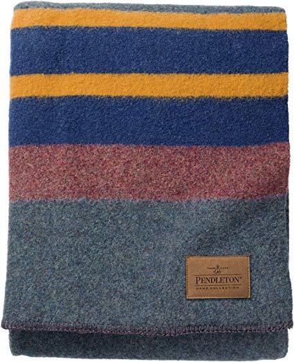 Pendleton Yakima Camp Thick Warm Wool Indoor Outdoor Striped Throw Blanket, Lake, Queen Size