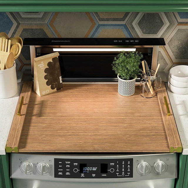 Noodle Board Stove Cover for Gas Stovetop, Bamboo Stove Top Covers for Electric Stove and Gas Burners with Handles Kitchen Sink Cover for Counter Space Decorative Serving Tray Walnut (29.53"x22.05")