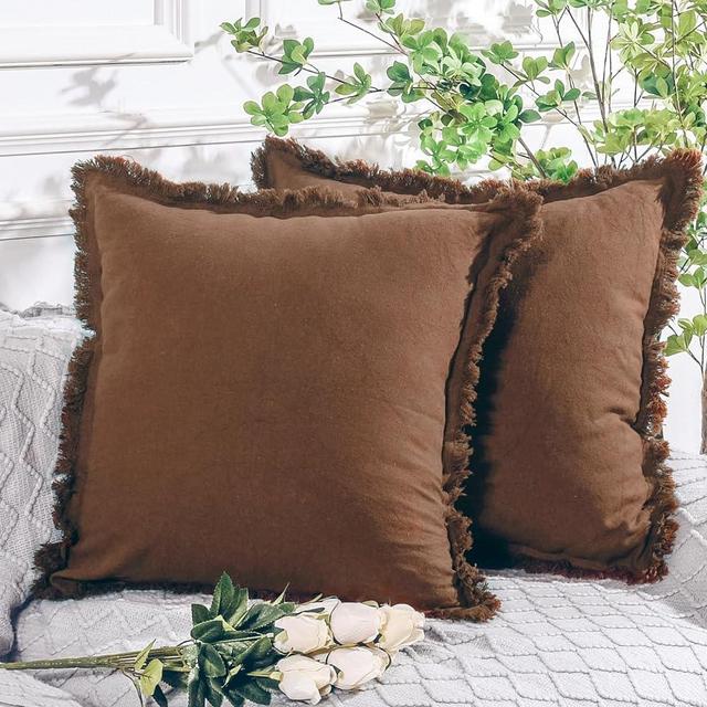 NEXHOME PRO Boho Throw Pillow Covers for Couch Set of 2 26"x26", Handmade Decorative Linen Pillow Covers for Bed, Sofa, Living Room, Farmhouse Fringed Cushion Covers, Fall Brown (Insert Not Included)