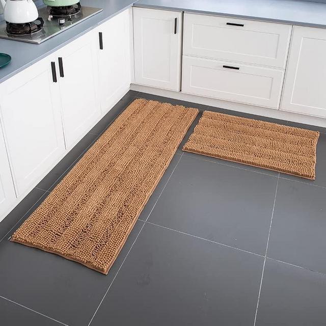 TENGTENGLINK Bath Mats for Bathroom Sets,2 Piece Bath Rugs,Thick Soft Chenille Floor Mats,Non Slip Shower Mats Ultra Water Absorbent Doormat. (Wheat, 16x24 Plus 16x47)