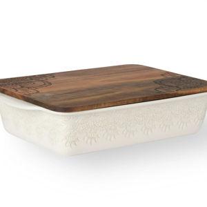 The Pioneer Woman 9" x 13" Vintage Lace Ceramic Casserole Baking Dish with Wood Lid, Linen