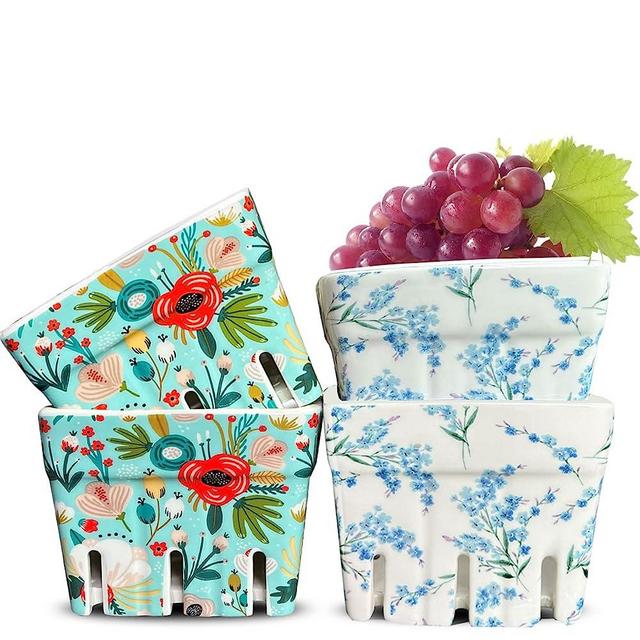 LEAZUL Ceramic Berry Basket Set of 4, Colander,Farmhouse Fruit Bowls,Rustic Kitchen Stoneware Berry Bowls, Square Fruit Baskets,Mint Floral Flowers Pattern Kitchen Decor Berry Containers Bins
