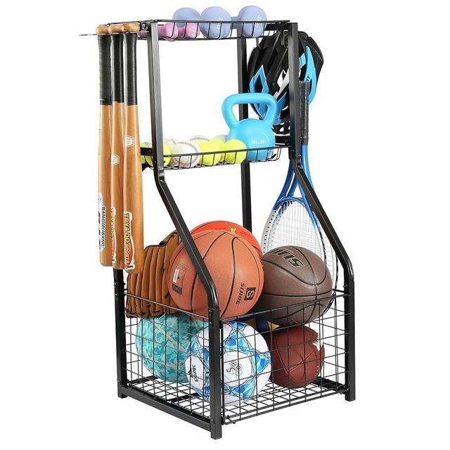 YueTong Sports Equipment Organizer for Garage Organization,Ball Storage With Basketball Holder and Ball Cart Rack,Outdoor Toy Storage with Bin for Nerf Gun,Football,Volleyball Stuf,Gym Accessories