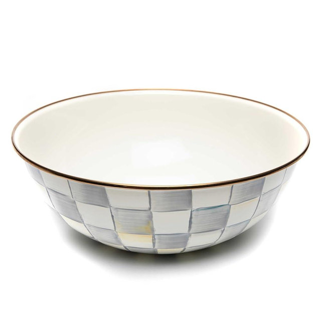 MACKENZIE-CHILDS Enamel Everyday Bowl, Serving Bowl for Entertaining, Extra Large, Gray-and-White Sterling Check