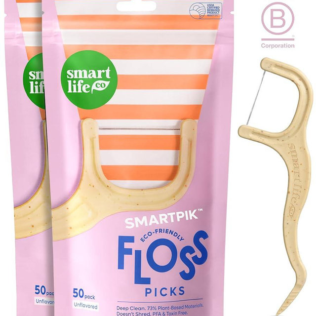 SmartLifeco Eco-Friendly Dental Floss Picks (100ct) - Flossers Made With Straw Wheat Blend, Strong Anti-Shred Thread For Tight Gaps, Tooth Pick Stick For Adults, Soft on Gum & Teeth, Vegan, Unflavored