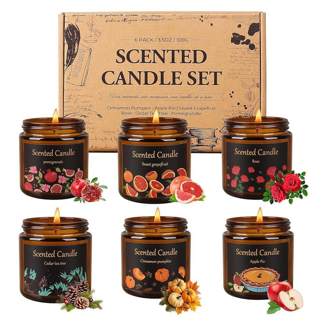 Aeraroma 6 Pack Candles for Home Scented, Aromatherapy Candles for Women Men, 21oz Natural Soy Wax Scented Candle Set, Amber Jar Candle Gifts Set for Birthday, Christmas, Valentines Day