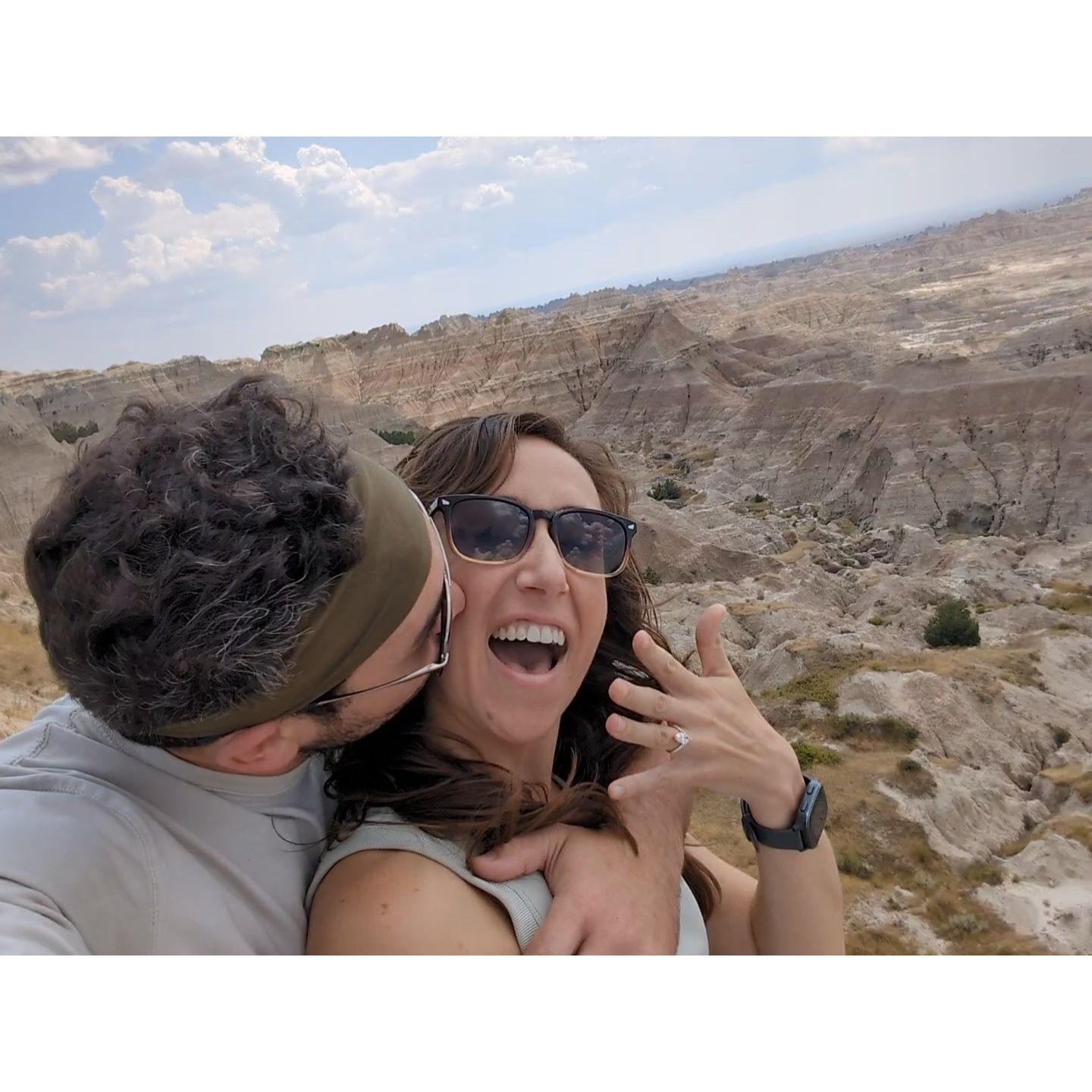 Popped the question in Badlands National Park! August 15th, 2024. Saw a rainbow that morning too.