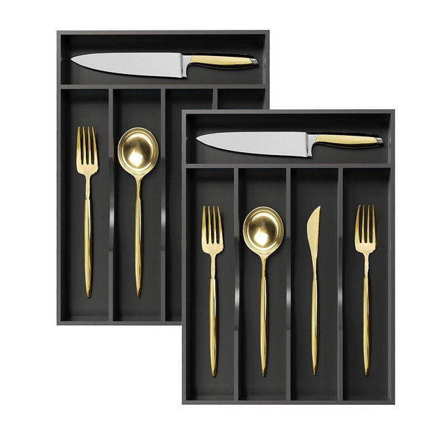 Greenual 2 Pack Black Silverware Organizer 10 In Utensil Organizer Silverware Tray for Drawer Cutlery Flatware Organizer for Kitchen Bamboo Wood